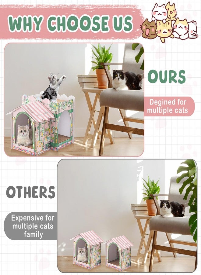 Lineshading 2 Story Cardboard Cat House with Scratcher Pad for Small Kitten,17x12x10 Multi Level Durable Cat Condo & Villa for Bunny Rabbit Small Animals Christmas Birthday Gift(Florist) - Image 4